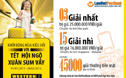 Khách hàng khi giao dịch nhận tiền Western Union tại LienVietPostBank sẽ 
nhận được thẻ cào may mắn với cơ hội trúng các giải thưởng với tổng trị 
giá lên tới hơn 1,3 tỷ đồng. 