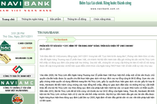 Navibank khẳng định "đã giải quyết xử lý tài sản thế chấp để thu hồi nợ hợp pháp, hợp lệ theo đúng quy định của pháp luật hiện hành".