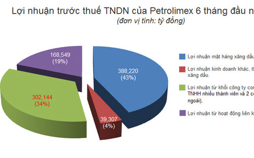Trong số 898 tỷ đồng lợi nhuận của Petrolimex thì lãi từ các mặt hàng 
xăng dầu chiếm tỷ trọng lớn nhất đạt 388,22 tỷ đồng, chiếm 43%.