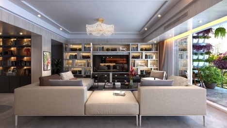 Phòng khách sang trọng nhìn ra khu vườn trồng rau sạch.