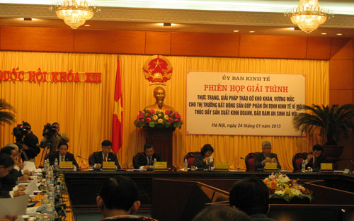 Quang cảnh phiên giải trình do Ủy ban Kinh tế của Quốc hội tổ chức sáng 24/1 về 
thực trạng, giải pháp tháo gỡ khó khăn cho thị trường bất động sản - <span dir="ltr" id=":179">Ảnh: LN.</span>