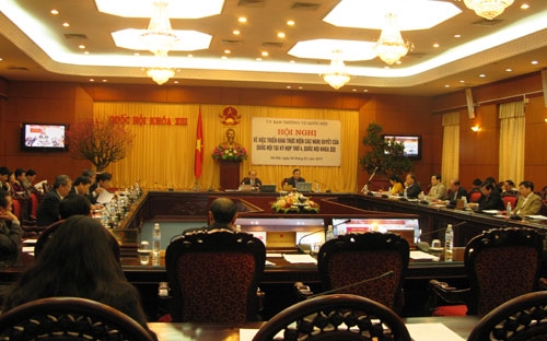 Sáng 4/2, Ủy ban Thường vụ Quốc hội tổ chức hội nghị triển khai thực hiện các nghị quyết đã được Quốc hội ban hành tại kỳ họp thứ 4 vừa qua - Ảnh: LN.<br>