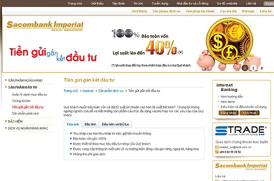 Thông tin giới thiệu về sản phẩm “Tiền gửi gắn kết đầu tư” trên website của Sacombank.
