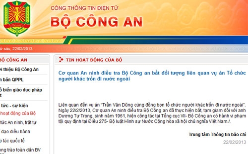 Thông báo trên Cổng thông tin điện tử Bộ Công an.<br>