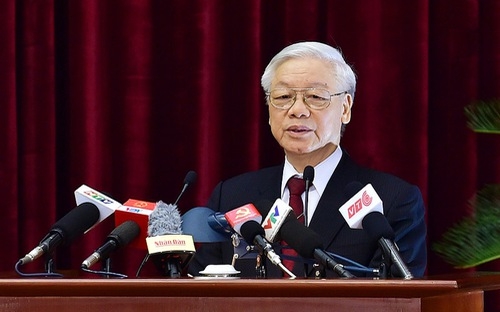 Tổng bí thư Nguyễn Phú Trọng phát biểu bế mạc hội nghị Trung ương 6 - Ảnh: TTXVN.<br>