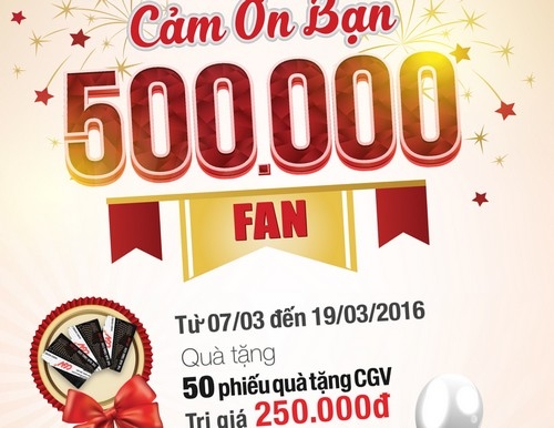 Nhân dịp đặc biệt này, Techcombank tổ chức chương trình “Cảm ơn bạn, 
500.000 fan” nhằm tri ân các khách hàng quan tâm và ủng hộ Techcombank 
thông qua mạng xã hội Facebook. 