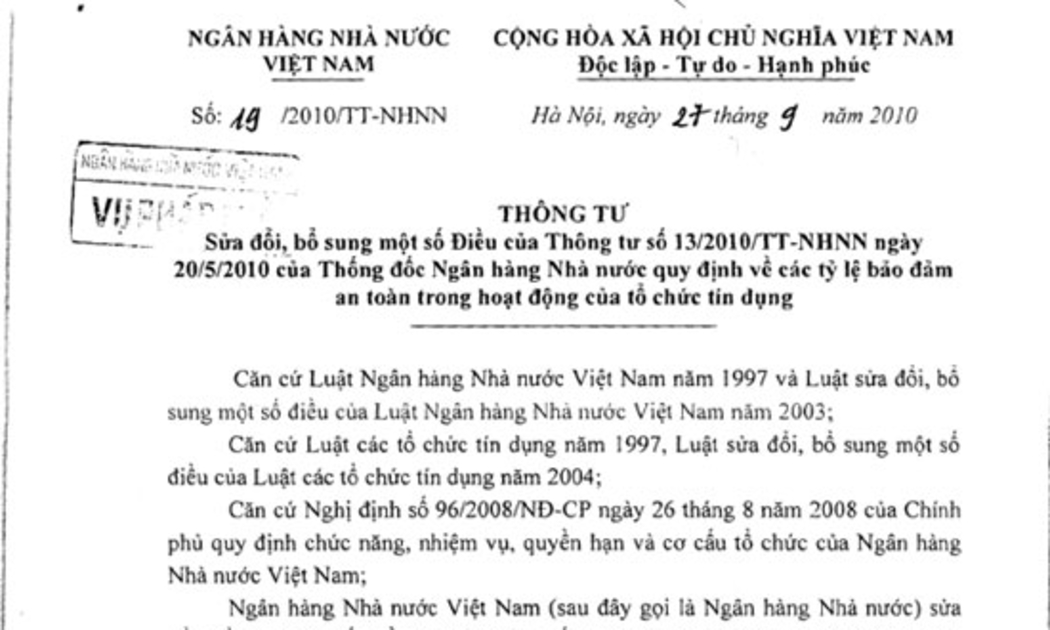 Bản Thông tư 19 công bố trên cổng thông tin điện tử của Ngân hàng Nhà nước, cùng ngày ký ban hành (27/9/2010).