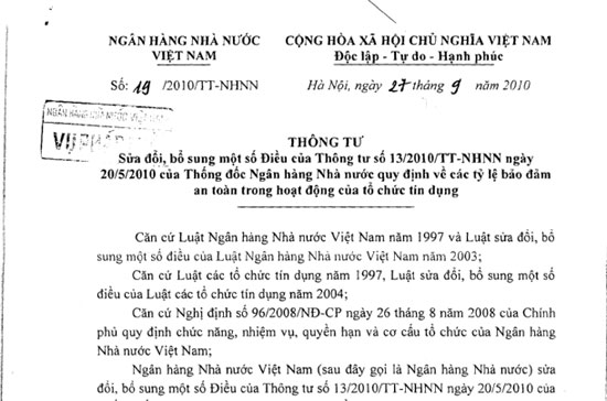 Bản Thông tư 19 công bố trên cổng thông tin điện tử của Ngân hàng Nhà nước, cùng ngày ký ban hành (27/9/2010).