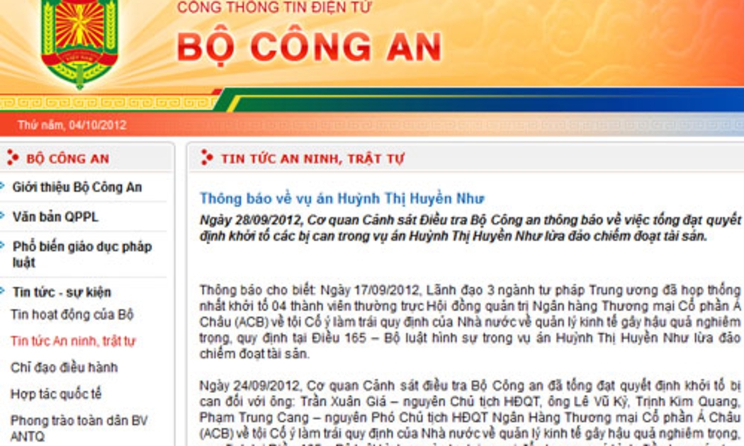 Thông tin trên cổng thông tin điện tử của Bộ Công an.