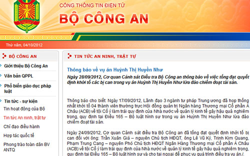 Thông tin trên cổng thông tin điện tử của Bộ Công an.