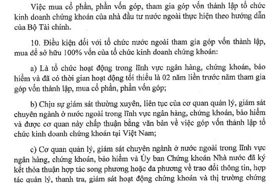 Khoản 9, Điều 71 của Nghị định cũng nêu rõ, việc mua cổ phần, tham gia góp vốn lập công ty chứng khoán của nhà đầu tư nước ngoài thực hiện theo hướng dẫn của Bộ Tài chính.