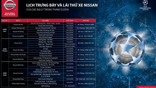 Chi tiết lịch trưng bày và lái thử xe “Nissan Champion Test-drive” tại các đại lý trong tháng 3/2016.