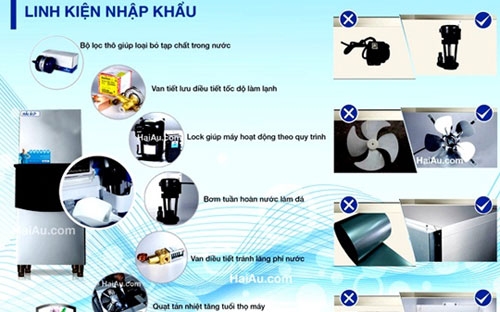 Để nâng cao chất lượng sản phẩm, các linh kiện cấu thành của máy làm đá Hải Âu được lựa chọn từ những quốc gia có ngành công nghiệp hàng đầu thế giới như Đức, Pháp, Mỹ, Nhật Bản, và Hàn Quốc với tem nhãn chứng nhận nguồn gốc nhập khẩu rõ ràng.
