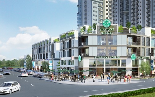 Nhà phố thương mại The TWO Central cao 4 tầng, gồm 55 căn với mặt chính diện quay về phía đường Vành đai 3.