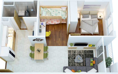 Căn nhỏ nhất của dự án là 47 m2 cũng có 2 phòng ngủ.