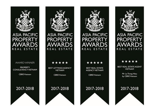 Với những giải thưởng này, CBRE Việt Nam trở thành nhà tư vấn bất động 
sản duy nhất tại Việt Nam đạt 3 giải thưởng hạng nhất trong lịch sử 9 
năm tổ chức giải thưởng bất động sản châu Á - Thái Bình Dương này.<br>