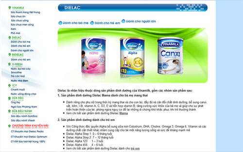 Thông tin&nbsp; sữa Dielac trên trang web của Vinamilk.<br>