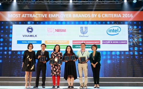 Ông Nguyễn Quốc Việt (thứ hai từ trái sang), Trưởng Bộ phận Tuyển dụng và Đào tạo, Vinamilk đại diện công ty nhận chứng nhận thứ 2 trong top 100 nơi làm việc tốt nhất Việt Nam.
