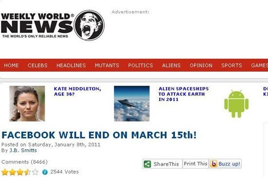 Ảnh chụp màn hình bài viết trên Weeky World News.