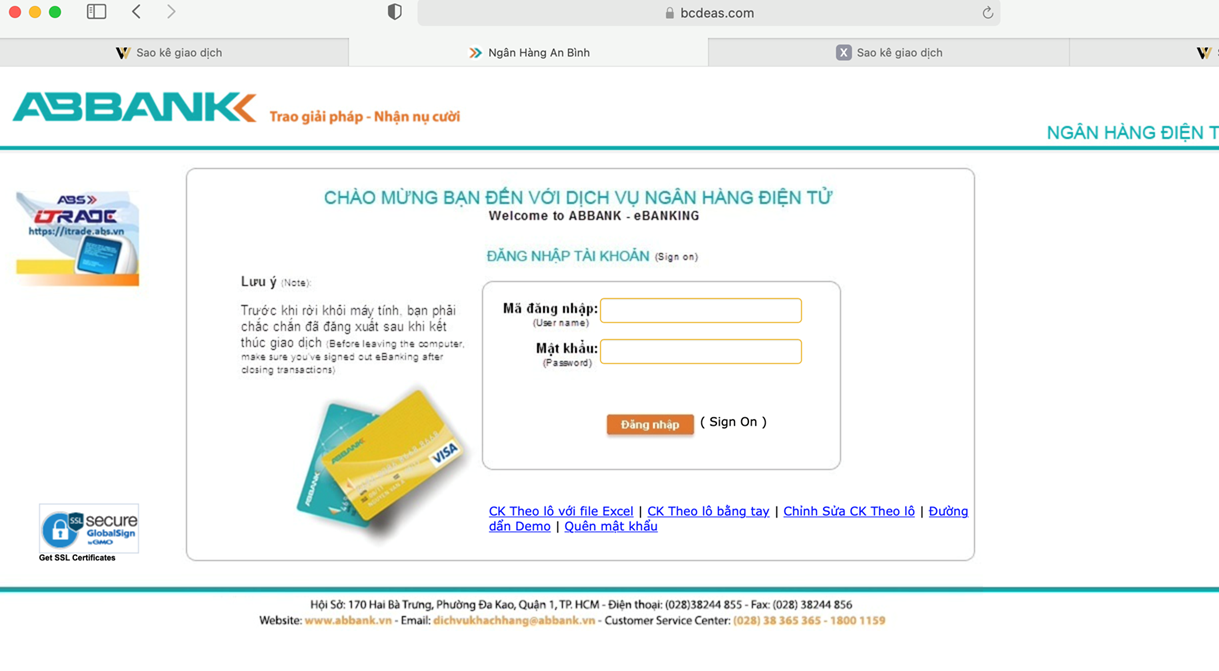 Hình minh họa cho thấy giao diện website giả mạo trang E-Banking của ABBANK. Đường link hiển thị là https://bcdeas.com không giống với đường link chính thức của ABBANK là https://ebanking.abbank.vn