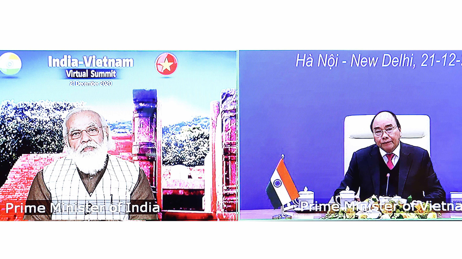 Thủ tướng Nguyễn Xuân Phúc và Thủ tướng Ấn Độ Narendra Modi tại hội đàm trực tuyến chiều 21/12 - Ảnh: Bộ Ngoại giao