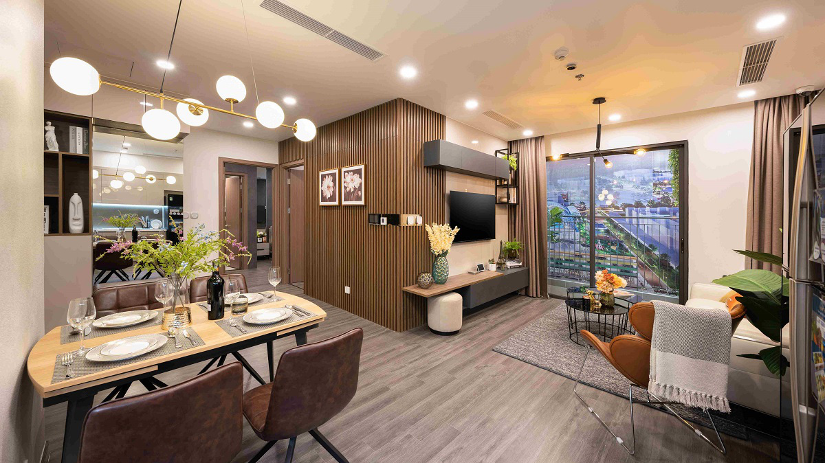 Khu vực nối liền phòng khách, phòng bếp của căn hộ Ruby 2 phòng ngủ mở ra không gian sinh hoạt chung rộng rãi.