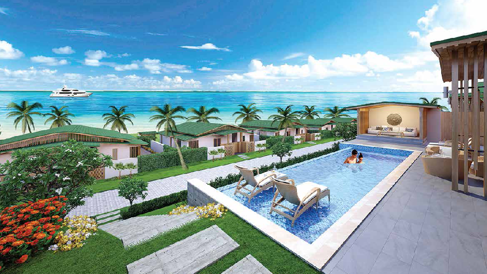 Các biệt thự Mövenpick Villas được thiết kế bao quanh là thảm cỏ, vườn hoa, cây xanh tươi mát. 