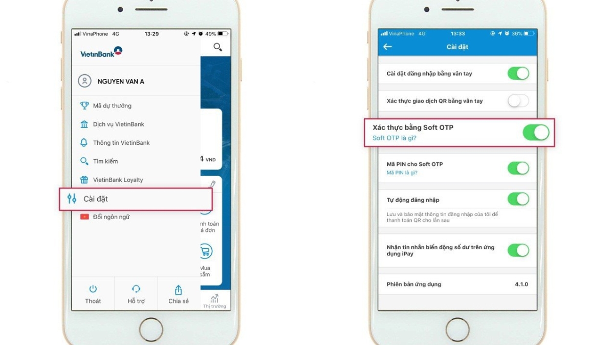 Khách hàng đăng ký Soft OTP trên VietinBank iPay Mobile (Mục cài đặt) để sử dụng giải pháp xác thực mới