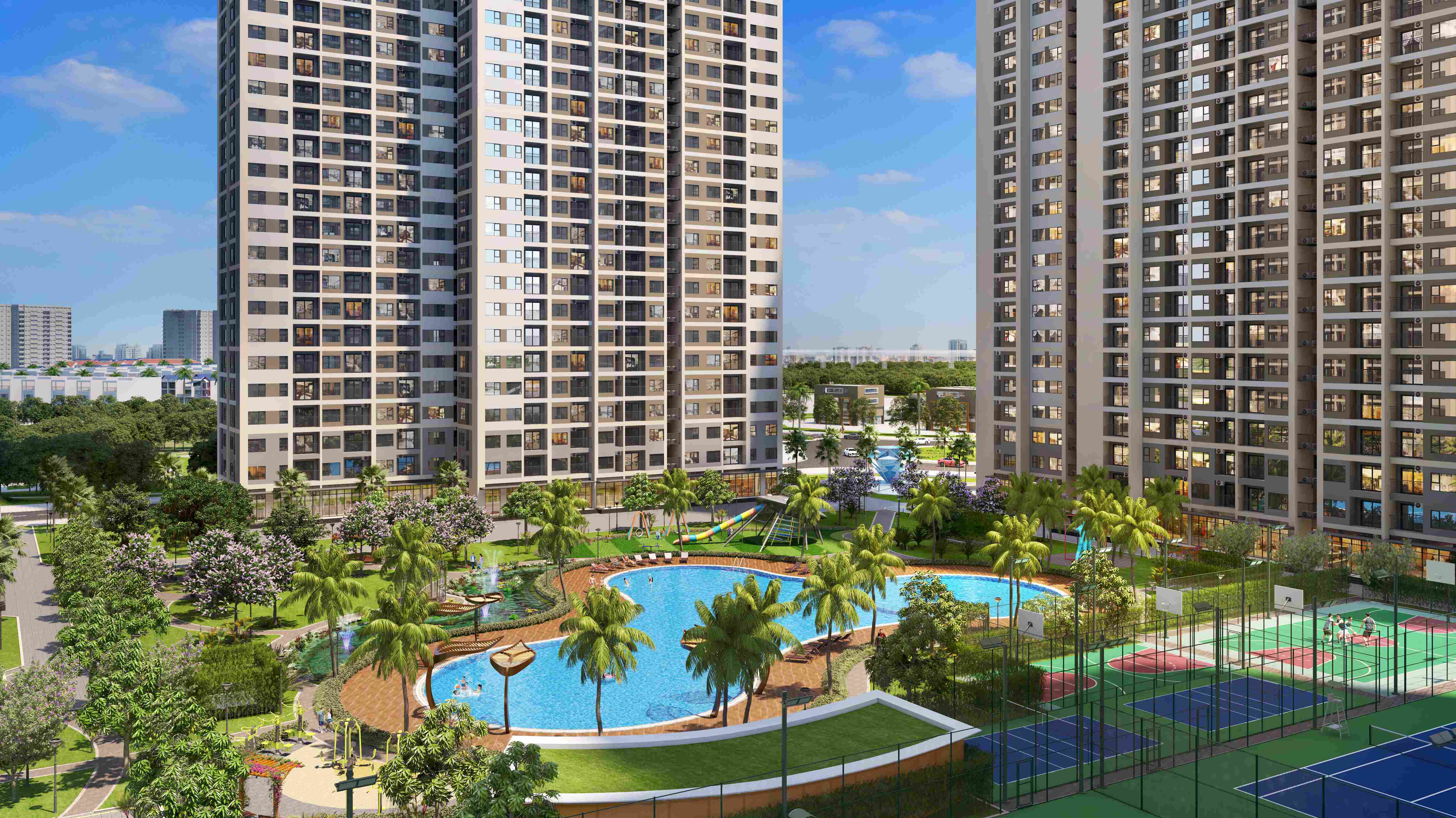 Bể bơi phong cách resort hơn 1000m2 bao quanh bởi hồ cảnh quan xanh của các sân thể thao, thảm cỏ, cây xanh trong nội khu mang không gian thư giãn.