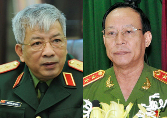 Thứ trưởng Bộ Quốc phòng Nguyễn Chí Vịnh và Thứ trưởng Bộ Công an Lê Quý Vương.<br>