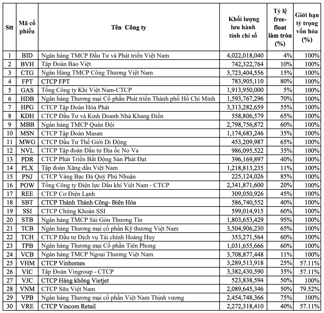 Danh mục VN30 kỳ tháng 1/2021