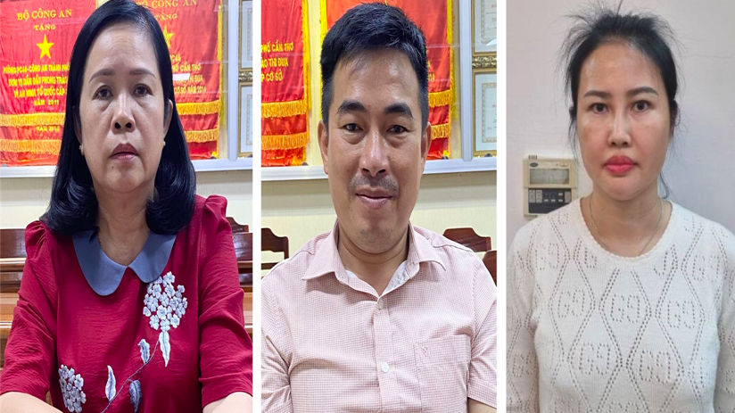 Các bị can (từ trái qua phải): Bùi Thị Lệ Phi, Lương Tấn Thành và Hoàng Thị Thúy Nga - ảnh: Bộ Công an.