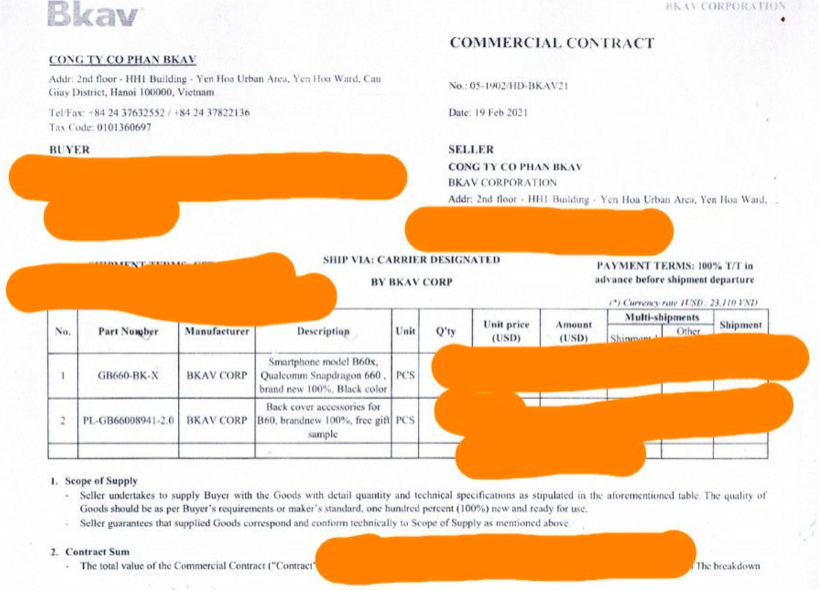 Th&ocirc;ng tin về đơn h&agrave;ng đầu ti&ecirc;n (một số th&ocirc;ng tin đ&atilde; bị l&agrave;m mờ) của Bphone sang thị trường ch&acirc;u &Acirc;u được &ocirc;ng Quảng chia sẻ.