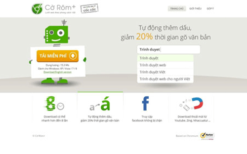 Giao diện trình duyệt "Cờ Rôm+" (corom.vn) dành riêng cho thị trường Việt Nam.<br>