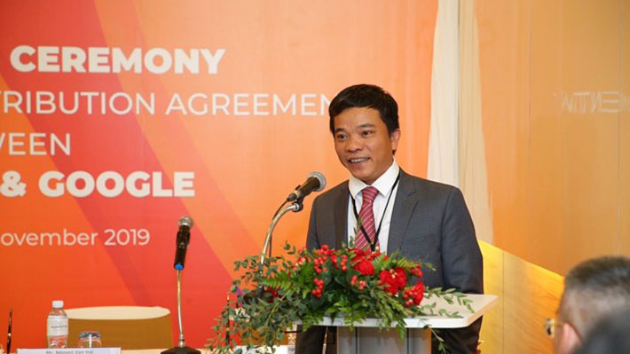Ông Nguyễn Văn Hải, cựu Phó tổng giám đốc VNTP-VinaPhone phát biểu tại lễ ký kết giữa VinSmart với Google - Ảnh: Vingroup.