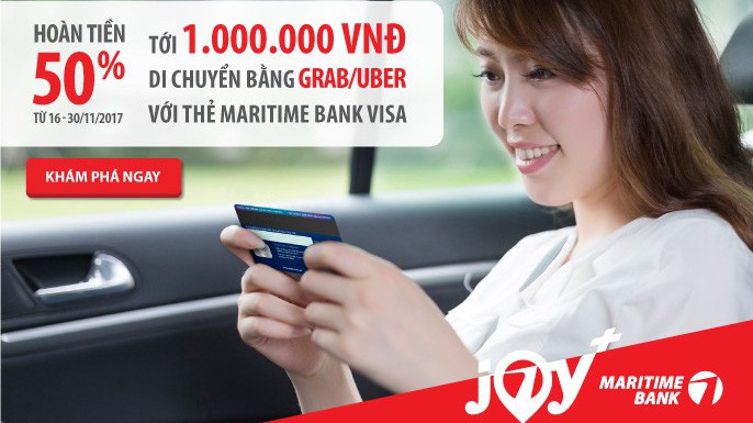 Riêng trong tháng 11, bằng ưu đãi hoàn tiền lên tới 1 triệu đồng, Travel JOY+ của Maritime Bank mong muốn mang đến những trải nghiệm dịch vụ tốt nhất, thoải mái nhất và tiện ích nhất dành cho khách hàng khi di chuyển bằng Grab/Uber.