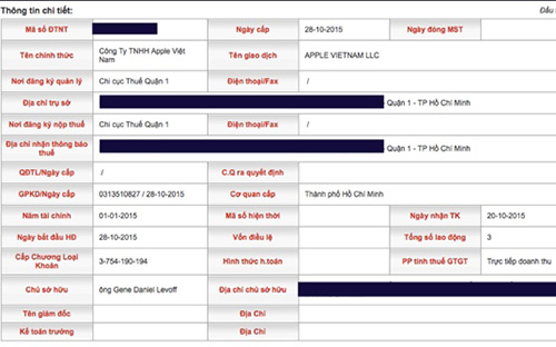 <font face="Arial, Verdana"><span style="font-size: 13.3333px;">Thông tin về Công ty TNHH Apple Việt Nam trên website của Tổng cục thế Tp.HCM - Ảnh chụp màn hình.</span></font>