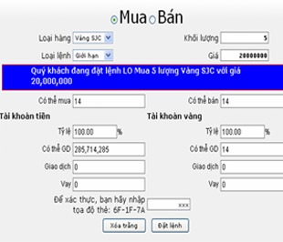 Giao diện minh họa đối với cửa sổ lệnh khi giao dịch trực tuyến của AsiaGold.