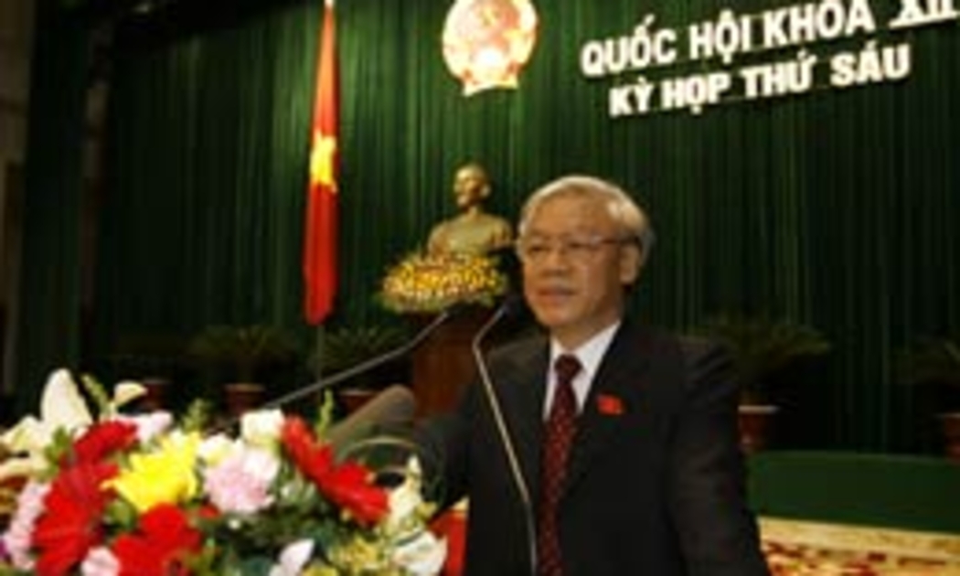 Chủ tịch Quốc hội Nguyễn Phú Trọng đọc diễn văn bế mạc kỳ họp thứ sáu - Ảnh: TTXVN.