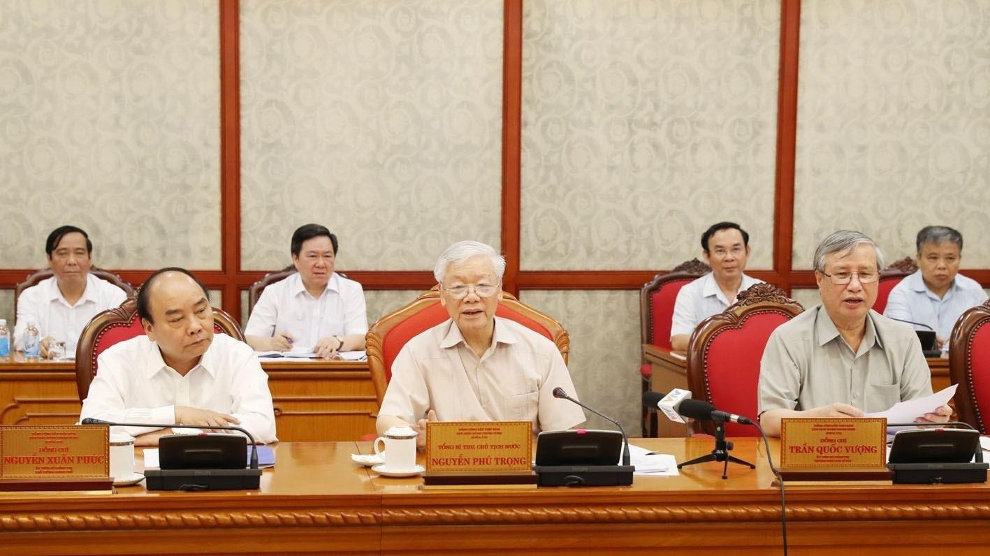 Tổng bí thư, Chủ tịch nước Nguyễn Phú Trọng chủ trì họp Bộ Chính trị ngày 5/7 - Ảnh: TTXVN.