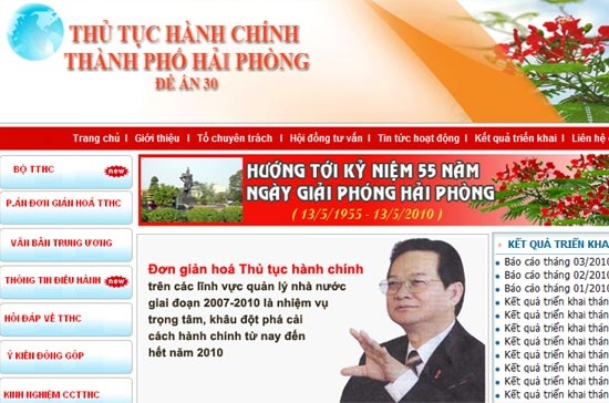 Giao diện trang thông tin điện tử về thủ tục hành chính của Hải Phòng.