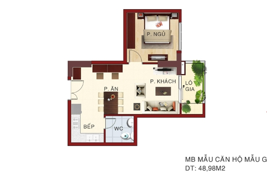 Phối cảnh căn hộ 48m2 của dự án.