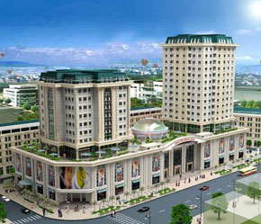 Mô hình tòa tháp đôi Vĩnh Trung Plaza với siêu thị BigC ở 3 tầng dưới.