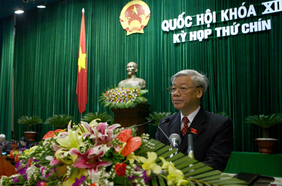 Tổng bí thư, Chủ tịch Quốc hội Nguyễn Phú Trọng trình bày dự thảo báo cáo tổng kết hoạt động của Quốc hội khóa 12 - Ảnh: CTV.