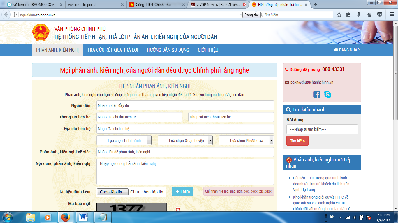 Giao diện hệ thống tiếp nhận, trả lời phản ánh, kiến nghị của người dân.<br>