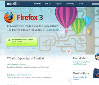 Trang chủ của Mozilla được trang hoàng trong ngày ra mắt phiên bản Firefox 3.0