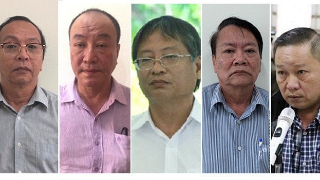 Các đối tượng Nguyễn Đình Thống, Lê Anh Tuấn,  Nguyễn Ngọc Tuấn, ông Phan Xuân Ít, Phan Minh Cương tính từ trái qua. 