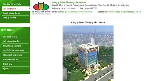 Trang web của Công ty TNHH Bất động sản Dabaco.