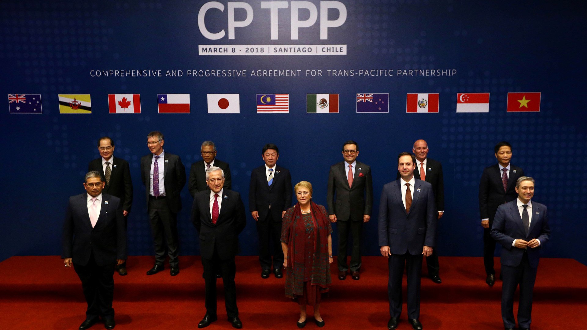 Các nước thành viên CPTPP tại lễ ký kết hiệp định ngày 8/3 tại Santiago, Chile. Ảnh: Reuters.