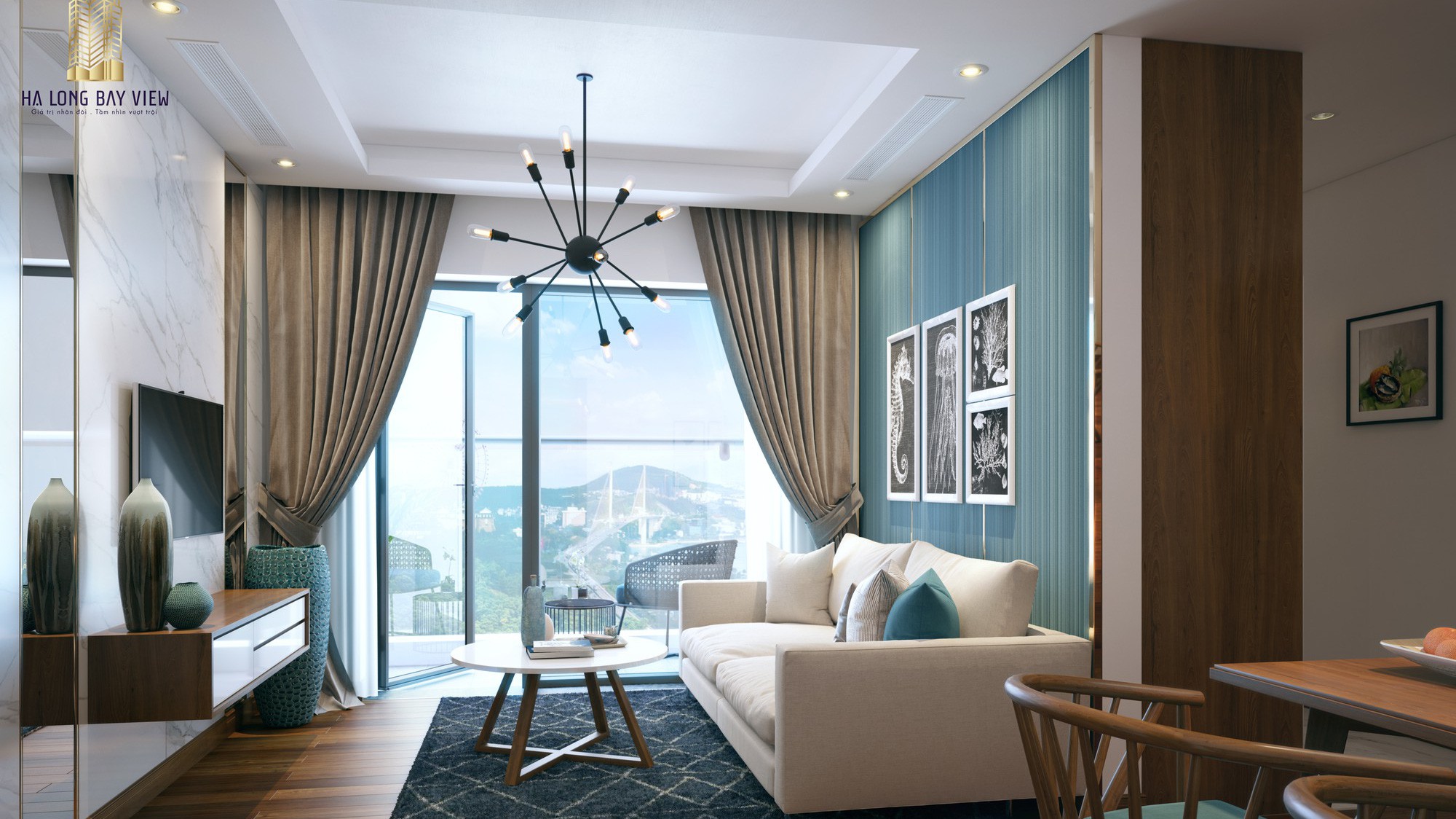 Phòng ngủ đón ánh sáng với cửa sổ thiết kế rộng, lắp kính cường lực an toàn đem đến tầm tần nhìn hướng thẳng ra Vịnh Hạ Long hoặc cầu Bãi Cháy.